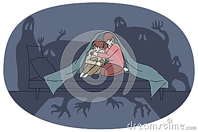 Scared small children afraid of ghosts Vector Illustration