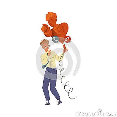Scared stressed male employee talking with his boss on phone vector illustration Cartoon Illustration