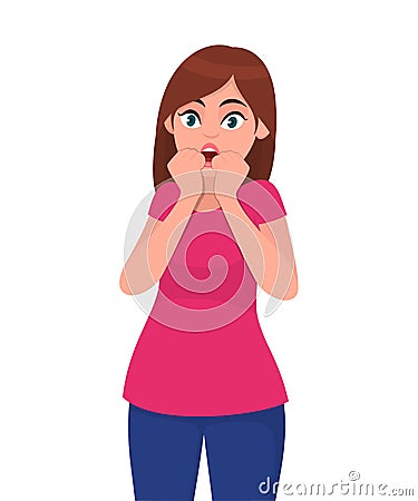 Scared, terrified, shocked woman keeps hands near opened mouth, looks with fearful expression, opens eyes widely. Emotion concept. Vector Illustration