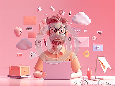 Scared UX designer. Front view. 3d character. Man in glasses at his desk with a computer Stock Photo