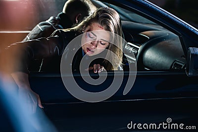 Scared woman after the accident Stock Photo