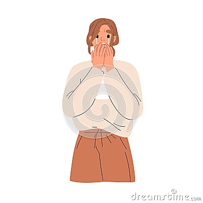 Scared woman crying, startled at smth. Girl weeping in grif, anxiety. Unhappy frightened person in tears with face Vector Illustration
