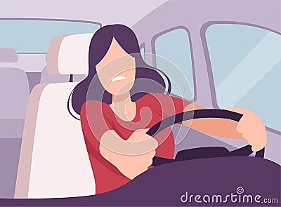 Scared Young Woman Driving a Car, View from the Inside, Female Driver Character Holding Hands on a Steering Wheel Vector Vector Illustration