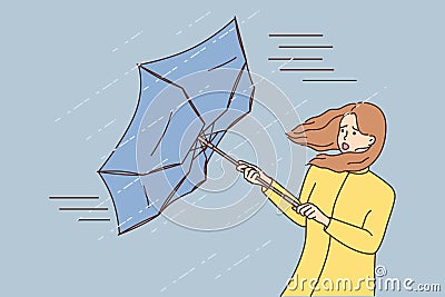 Scared young woman in umbrella in rain Vector Illustration