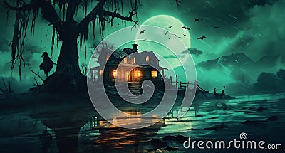 halloween pumpkin holiday moon cemetery bat horror night grave dark. Generative AI. Stock Photo