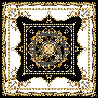 Scarf Design for Silk Print. Golden Baroque with Chains on Black and White Background. Square fashion print. Vintage Style Pattern Stock Photo