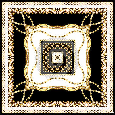Scarf Design for Silk Print. Golden Baroque with Chains, Black and White Colors. Indian Style Pattern Ready for Textile. Stock Photo