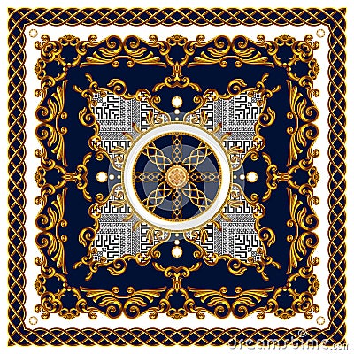 Scarf Design for Silk Print. Square fashion print. Vintage Style Pattern Ready for Textile. Golden Baroque on Dark Blue Background Stock Photo