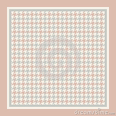 Scarf design vector in grey, pink, beige with houndstooth geometric ornament. Square morif with border for silk scarf, bandana. Vector Illustration