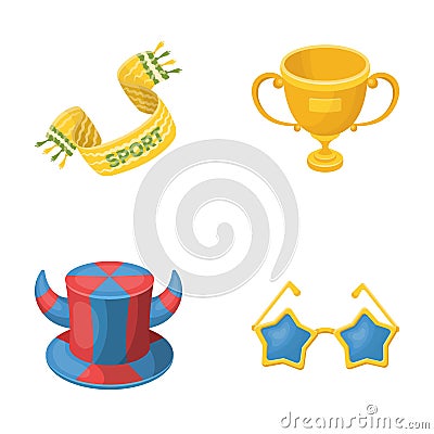 A scarf, a hat with horns and other attributes of the fans.Fans set collection icons in cartoon style vector symbol Vector Illustration
