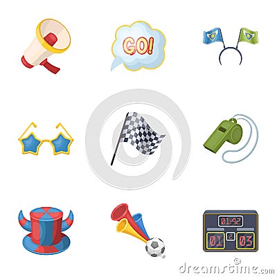 A scarf, a hat with horns and other attributes of the fans.Fans set collection icons in cartoon style vector symbol Vector Illustration