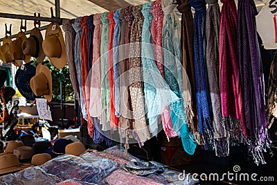 Scarf stall at a street market on a market square in Hoofddorp Stock Photo