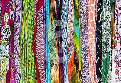 Scarfs silk headdresses, bright textile background Stock Photo