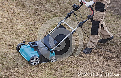 Scarifying lawn with scarifier, Man gardener scarifies the lawn and removal of old grass Stock Photo