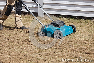 Scarifying lawn with scarifier, Man gardener scarifies the lawn and removal of old grass Stock Photo