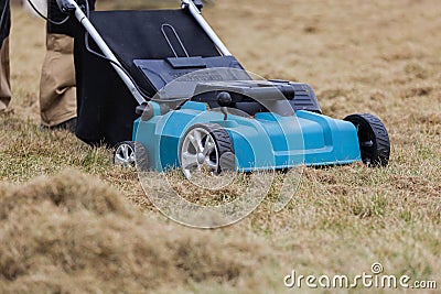 Scarifying lawn with scarifier, Man gardener scarifies the lawn and removal of old grass Stock Photo