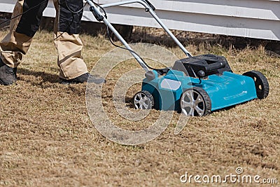 Scarifying lawn with scarifier, Man gardener scarifies the lawn and removal of old grass Stock Photo