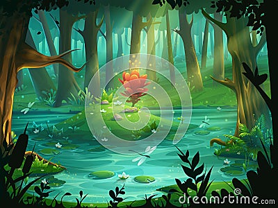 The Scarlet Flower on an island in a swamp in the forest Vector Illustration