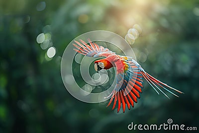 Scarlet Macaw flying in forest.Generative AI Stock Photo