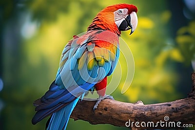 A scarlet macaw sitting on a branch. a representative of a large group of neotropical parrots called macaws Stock Photo