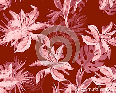 Scarlet Monstera Plant. Purple Watercolor Backdrop. Pink Banana Leaf Texture. Fuchsia Seamless Decor. Coral Pattern Decor. Tropica Stock Photo