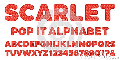 Scarlet red popit alphabet and numbers set in fidget toy style. Pop it font design as a trendy silicone toy for fidget Vector Illustration