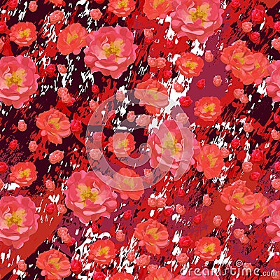 Scarlet roses flowers on textured burgundy marble background. Vector Illustration