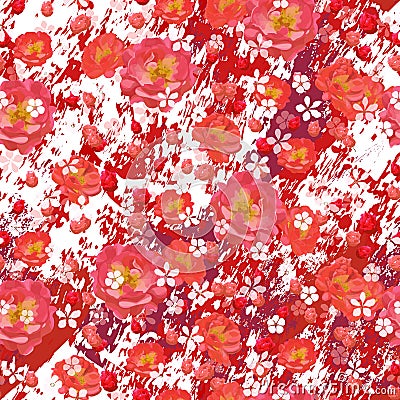 Scarlet roses and small white flowers on textured red and white marble background. Vector Illustration