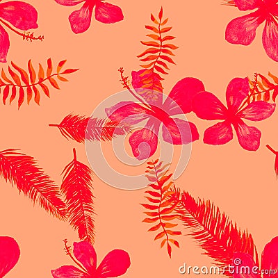 Scarlet Seamless Hibiscus. Red Pattern Vintage. Ruby Tropical Leaves. Pink Flower Texture. Coral Drawing Leaves. Stock Photo