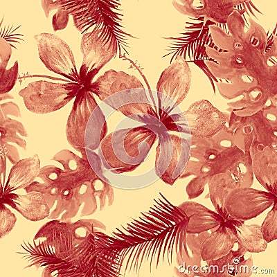 Scarlet Seamless Textile. Pink Pattern Textile. Coral Tropical Textile. Ruby Garden Hibiscus. Gray Watercolor Exotic. Stock Photo