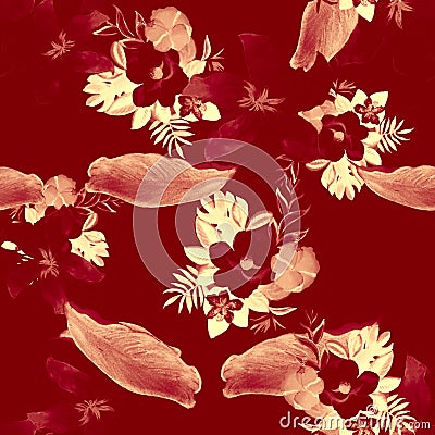 Scarlet Seamless Texture. Coral Pattern Leaves. Ruby Tropical Art. Brown Flower Art. Pink Flora Design. Stock Photo