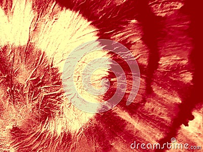 Scarlet Spiral Tie Dye Texture. Yellow Swirl Watercolor Clothing. Cochineal Aquarelle Texture. Maroon Brushed Graffiti. Dirty Back Stock Photo