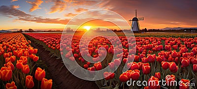 Scarlet Splendor: A Beautiful Field of Red Tulips Stock Photo