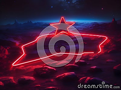 Scarlet Stardust Serenade: Mesmerizing Red Neon Star against the Darkness Stock Photo