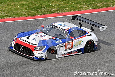 Scarperia, 23 March 2023: Mercedes-AMG GT3 of Team CP Racing in action during 12h Hankook Race at Mugello Circuit Editorial Stock Photo