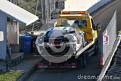 Scarperia, November 19, 2021: Ferrari Challenge on tow truck after accident duringTrofeo Pirelli Race 1 Editorial Stock Photo