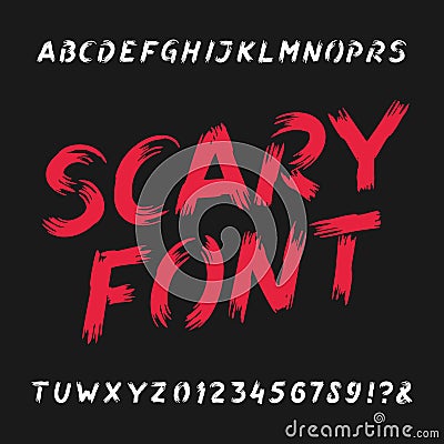 Scary alphabet font. Dirty letters, numbers and symbols. Vector Illustration