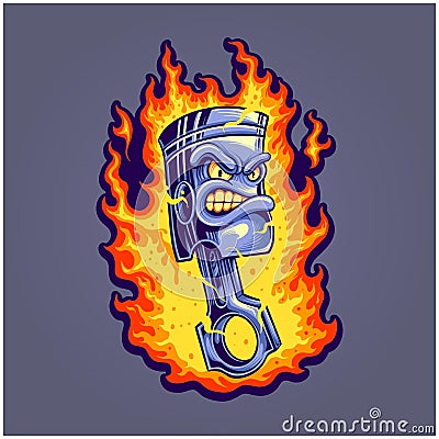 Scary angry flame piston racing logo cartoon illustrations Vector Illustration