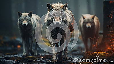 Scary and angry wolves look into the camera lens Stock Photo