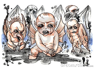 Scary baby demon from Slavic mythology Cartoon Illustration
