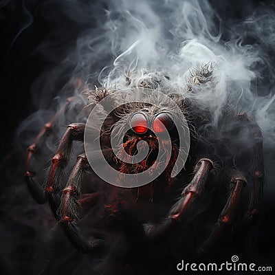 Scary background for halloween, contours of black hairy spider with red eyes in smoke and fire on black, horror, Stock Photo