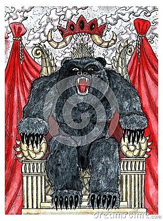 Scary bear with crown on throne Cartoon Illustration