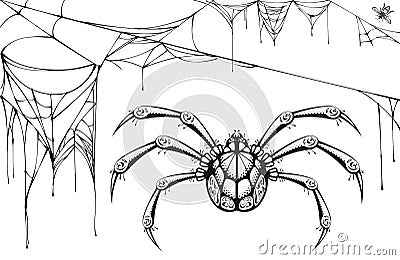 Scary black and white spider and torn web. Halloween symbols and accessories Vector Illustration