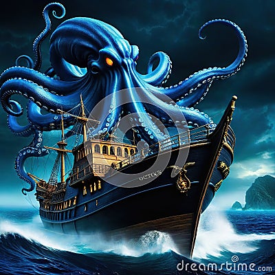 A scary blue giant octopus kraken monster attacking a pirate ship in the dark Cartoon Illustration