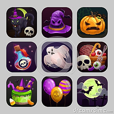 Scary cartoon app icons with Halloween attributes. Vector Illustration