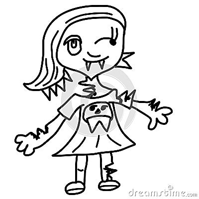 Scary cartoon drawing vampire girl. Vector Illustration