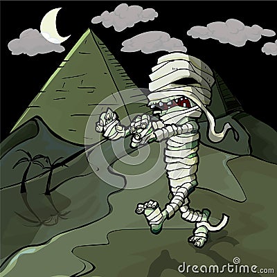 Scary cartoon Egyptian mummy in front of pyramids Vector Illustration