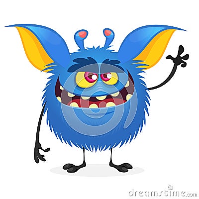 Scary cartoon monster gremlin with a big mouth waving hand. Halloween vector illustration. Vector Illustration