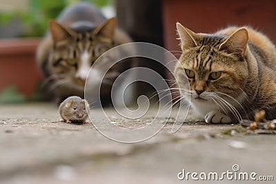 Scary cats watches little mouse outdoor, funny pets hunting at backyard. Concept of humor, food, pounce, animal Stock Photo