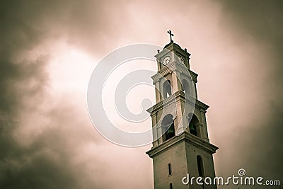 Scary church clock tower Stock Photo